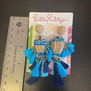 Lilly Pulitzer rattan & blue tassel fish earrings